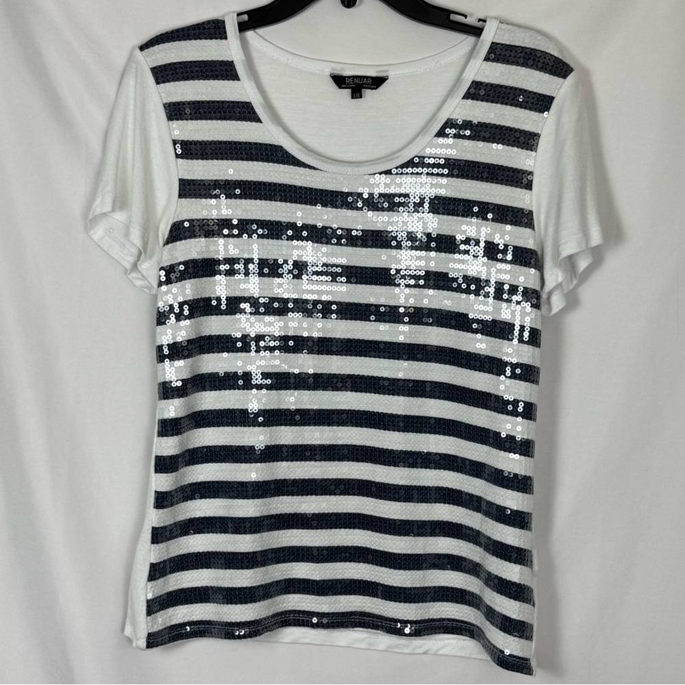 Renuar Blue & White Sequin Striped Short Sleeve Top, Stripe In Front, EUC, Large